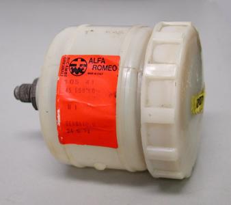 Brake reservoir, NOS, round plastic style with metal union at bottom - E0195X