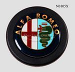 Horn button, NOS, Momo, black with Alfa emblem, specify with or without Milano script in emblem, for Momo steering wheel.  For accessory steering wheels only, not the original - N0105X